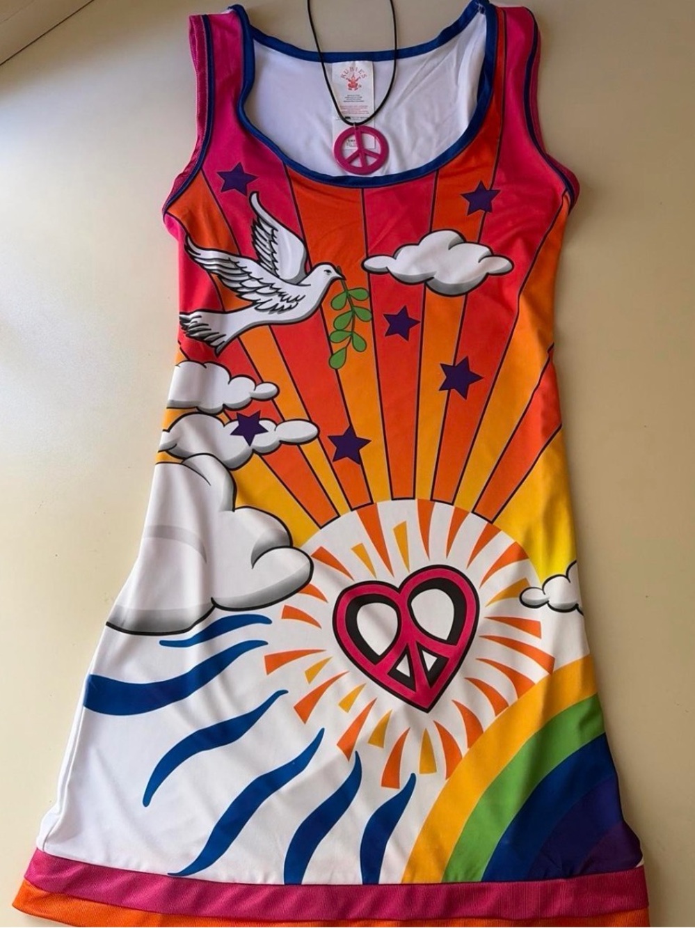 Vintage Hippie Girl Halloween Costume Peace & Rainbow Graphic Dress